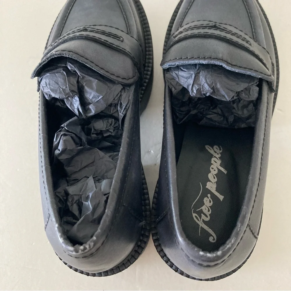 NWOT Free People Decker Black Leather Penny Loafers